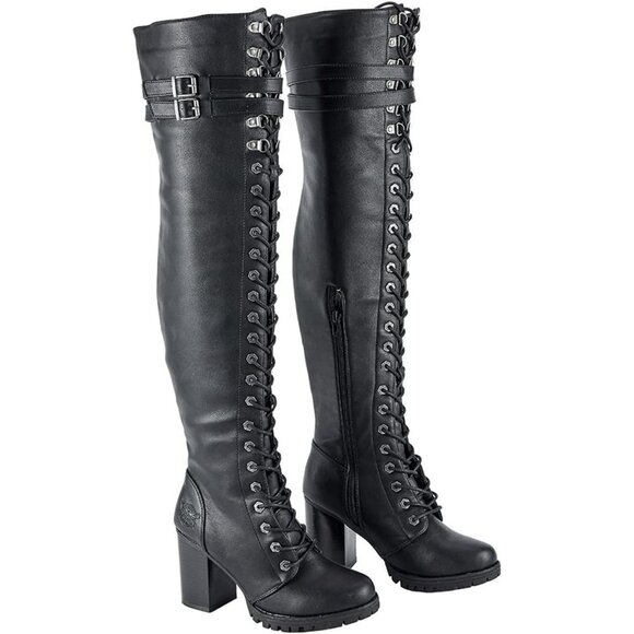 Women's Black Over The Knee Zip Buckle Soft Thigh High Lace Up Tall Boots - Picture 1 of 8
